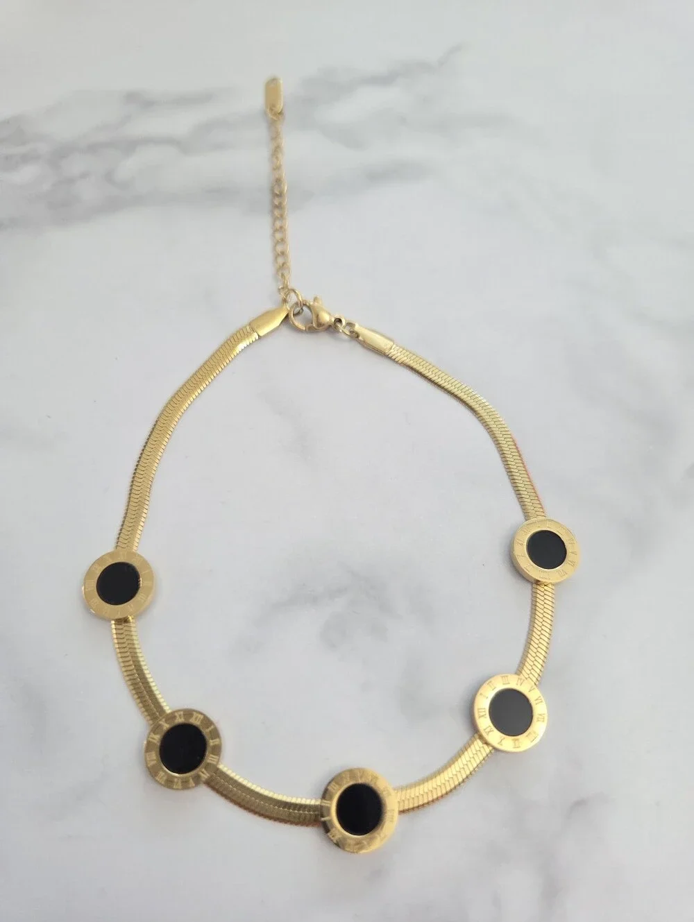 Gold Plated Roman Numeral Disc Herringbone Anklet Minimalist Summer Jewelry - Picture 9 of 12